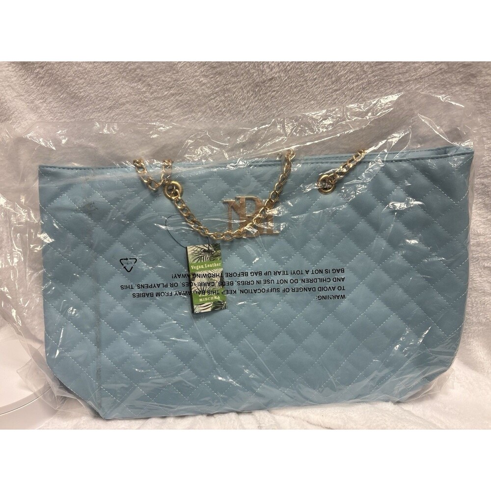 Badgley Mischka Light Blue Quilted Vegan Leather Chain Strap Tote Bag NWT